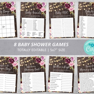 Rustieke bloemen baby shower spelset, BEWERKBARE sjabloon, hout & Marsala bundel, meisje activiteitenpakket, bordeaux afdrukbaar, INSTANT DOWNLOAD