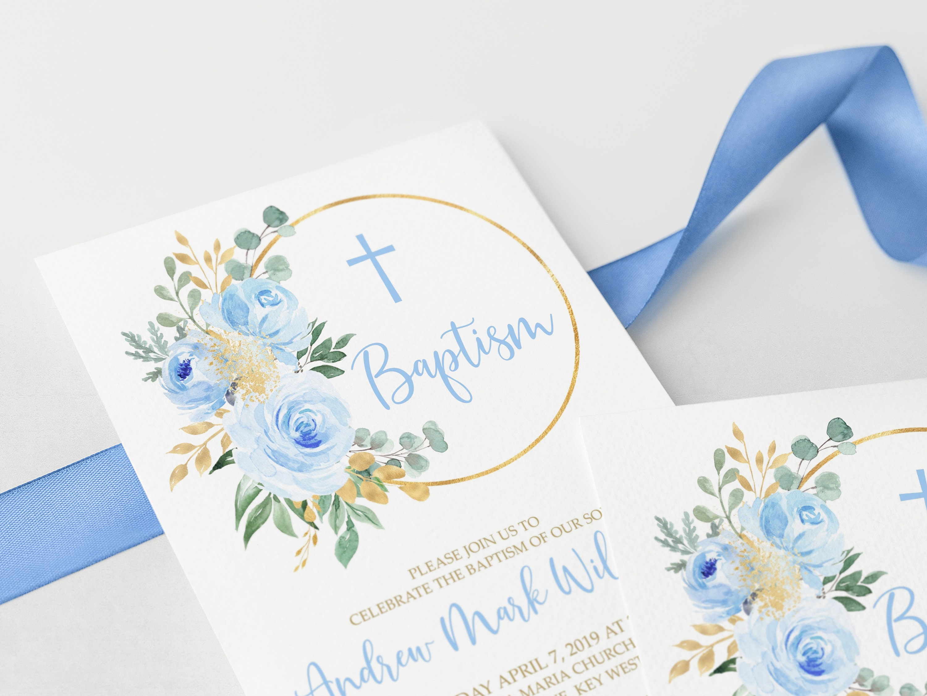 Blue Flowers Baptism Invitation 100 Editable Floral Etsy
