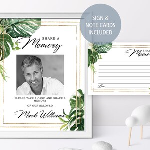 Ensemble de souvenirs tropicaux à partager | Modèle MODIFIABLE | Panneau imprimable Célébration de la vie | Carte florale verte de service commémoratif
