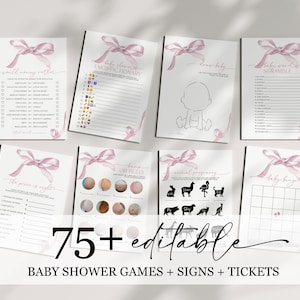 Pink Bow Baby Shower Games | EDITABLE Custom Baby Shower Game Bundle Template | Printable Watercolor Pink Ribbon Girl Baby Shower Games