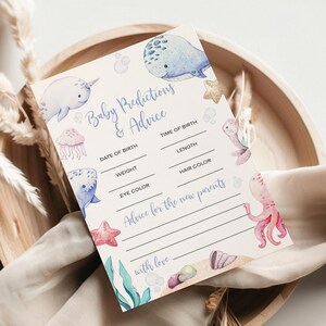 Jeu de prédictions et conseils pour bébé sous la mer | Activité nautique modifiable pour baby shower | Brunch à thème sur l'océan à imprimer | Carte de douche