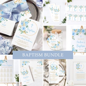Taufeinladungs-Paket | EDITIERBARE Blaue Rose Blumen Vorlage | Printable Light Blue & Gold Widmung Einladen | Neutrales Taufanzug