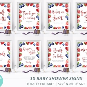 Ensemble de panneaux pour baby shower fraises et bleuets | Modèle MODIFIABLE | Forfait personnalisé | Ensemble imprimable de signes de thé pour bébé à saupoudrer de fruits d'été