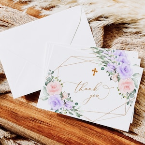 Blush rosa und violette Blumen Taufe Dankeskarte, lila Rose druckbare erste heilige Kommunion Note Karte, Boho Danke, sofortiger DOWNLOAD