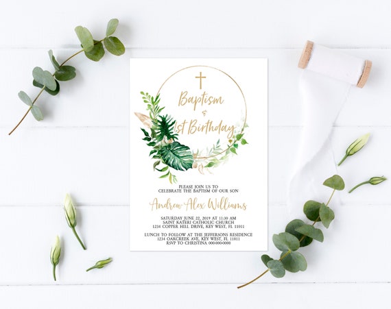 Tropical Baptism and Baby's First Birthday Party Invitation, EDITABLE, Green & Gold Printable 1st Birthday Invite, Neutral, Boy Template