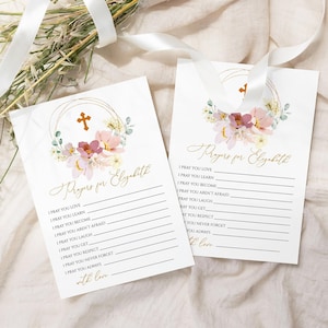 Schede di preghiera per neonati con fiori di campo / Modello modificabile di scheda di preghiera per il battesimo con fiori di campo rossi e rosa / Scheda di auguri per baby shower boho