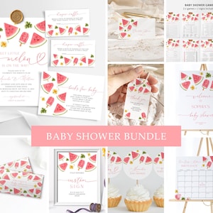 May include: Watermelon themed baby shower printable bundle with a welcome sign, games, invitations, and decorations. The design features pink and green watermelons, yellow flowers, and white text.