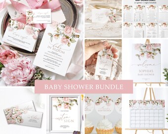 May include: A baby shower bundle with a pink and white floral theme. The bundle includes invitations, games, a welcome sign, a custom sign, cupcake toppers, and favor tags. The text on the invitations reads "baby in bloom".