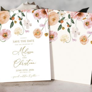 Convite para salvar a data com flores de pêssego e blush | Modelo de data de casamento floral de papoula para impressão EDITÁVEL | Detalhes dourados | DOWNLOAD INSTANTÂNEO