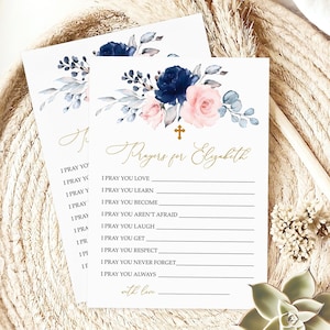 Tarjetas con oraciones para bebé / Plantilla editable de tarjeta de oración para bautismo con flores en rosa ruborizado y azul marino / Tarjeta de deseos para baby shower con rosa azul real
