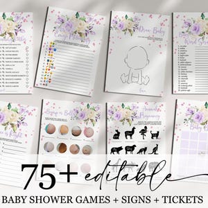 Purple Floral Baby Shower Games Bundle | 75+ Editable Printable Girl Baby Shower Activities, Signs & Tickets | Template Instant Download