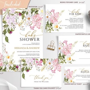 Boho Blumen Baby Shower Einladung Set | EDITIERBARE druckbare lila Wildblumen Vorlage | Lila & Rosa Baby Streuteile einladen