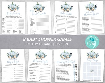 Blue Pumpkin Baby Shower Games Bundle: Editable Fall Party (Instant Download)
