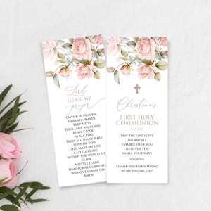 Kommunion Lesezeichen Vorlage | EDITIERBARE Sanfte Rosenblumen Andenken | Druckbares Boho Blush Rosa Blumen & Kreuz Taufe Gunsten
