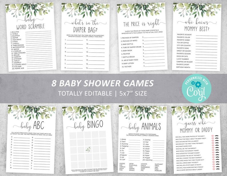 Greenery Baby Shower Game Set 100 EDITABLE Green Leaves Etsy