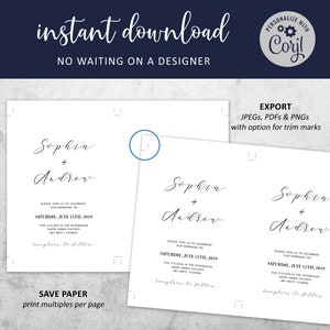 May include: Two printable wedding invitation templates with the names Sophia and Andrew, the date Saturday, July 15th, 2019, and the location Santa Maria Church, Key West, Florida. The text "instant download" and "NO WAITING ON A DESIGNER" is at the top of the image. The text "EXPORT JPEGs, PDFs & PNGs with option for trim marks" is at the top right of the image. The text "SAVE PAPER print multiples per page" is at the bottom of the image.