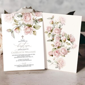 Pink Floral Baptism Invitation for Girl | Editable 2-Sided Template | Blush Rose Christening Printable | Baby Girl Religious Ceremony Card