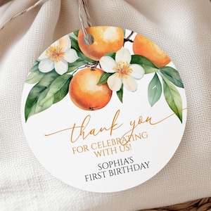 Etiquetas de agradecimiento, imprimibles para baby shower de Little Cute, etiquetas de naranja y cítricos para baby shower, plantilla editable para decorar recuerdos de fiesta de verano