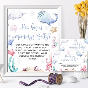 Hoe groot is mama's buik-gameset | Bewerkbaar babyshowerspel Under the Sea | Afdrukbare bord- en antwoordkaarten met nautisch thema | Oceaanbabyspel