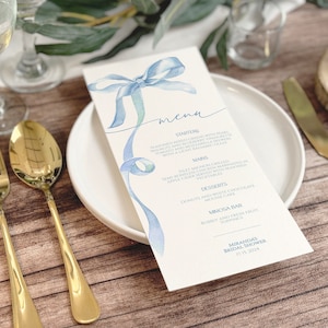 Menu Blue Bow | BEWERKBAAR afdrukbaar blauw aquarel lint bruiloftsmenu | Minimalistische bruidsbrunch | Babyshower | Verjaardag | Doop