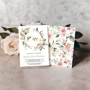 Bearbeitbares Pfirsich Blumen Baby's erste Geburtstagseinladung | Boho Geburtstag Vorlage | Mädchen erste Geburtstags-Rosenblumen-Karte