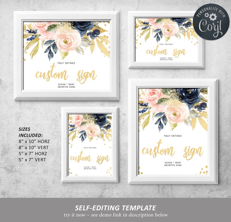 Unlimited Blush Pink /& Navy Shower Sign Floral Printable Card Wedding 5x7 100/% EDITABLE Text Custom Signs Template 8x10 Birthday