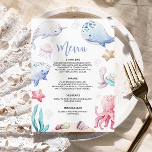 Sous la mer Menu | Modèle de menu nautique imprimable modifiable | Menu de fête à thème océan | Liste de plats pour baby shower, brunch nuptiale et anniversaire