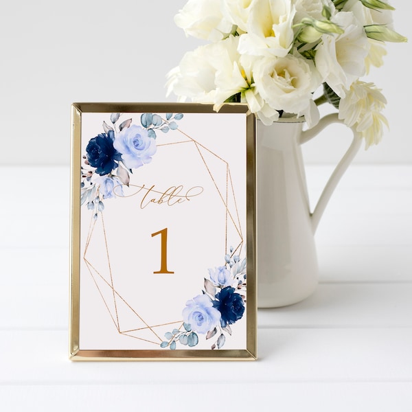 Navy Blue & Gold Floral Table Numbers, EDITABLE Template, Printable Boho Rose Flower Seating, Gold Frame Bridal Brunch, Calligraphy Wedding