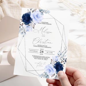 Navy Blue & Silver Frame Floral Wedding Invitation | EDITABLE Template | Printable Royal Blue Rose Wedding Invite | Elegant Rustic Wedding