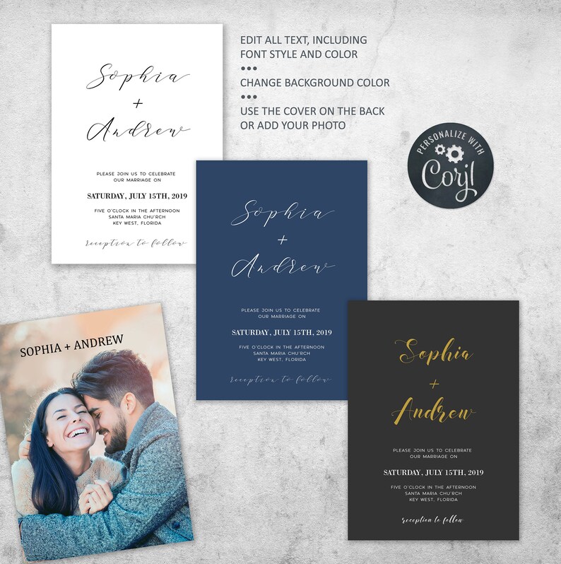 K&ouml;nnte beinhalten: Drei Hochzeitskarten-Designs mit den Namen Sophia und Andrew in verschiedenen Schriftarten und Farben. Das erste Design ist wei&szlig; mit schwarzem Text, das zweite ist marineblau mit wei&szlig;em Text und das dritte ist schwarz mit goldenem Text. Alle drei Designs enthalten das Datum und die Uhrzeit der Hochzeit, den Ort und den Satz "Empfang folgt".