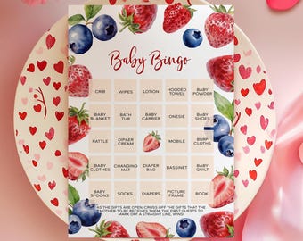 Jeu de bingo pour baby shower aux fraises et aux myrtilles : fruits à l'aquarelle, modèle modifiable (téléchargement instantané)