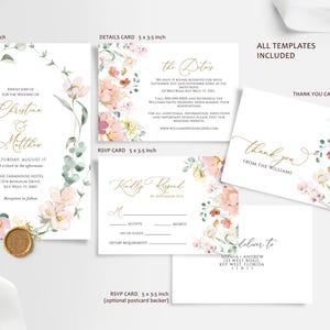 Wilde bloemen bruiloft uitnodigingsset | BEWERKBARE afdrukbare rode en roze wilde bloemen bruiloft sjabloon | Reactie met bloemen, details, bedankkaart