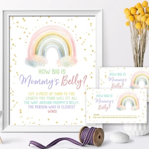 Jogo Rainbow How Big is Mommy's Barriga | Cartões de resposta e placas para chá de bebê para impressão EDITÁVEL | Jogo divertido Gold Stars Baby
