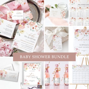 Bundel met wilde bloemen babyshower | Bewerkbare roze en rode bloemensjabloon | Afdrukbare babyshoweruitnodiging, spelletjes en decoraties
