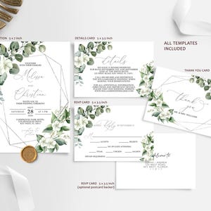 Juego de invitaciones de boda con eucalipto verde salvia / Plantilla EDITABLE / Invitación de boda con marco verde y plateado imprimible RSVP, detalles, agradecimiento