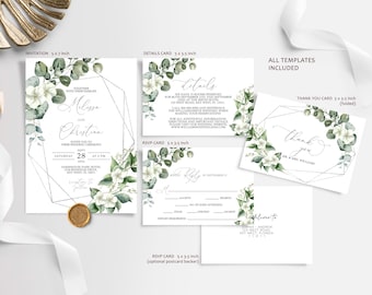Puede incluir: Un conjunto de plantillas de invitación de boda con un marco geométrico con flores blancas y hojas verdes. Las plantillas incluyen una invitación, una tarjeta de detalles, una tarjeta RSVP y una tarjeta de agradecimiento. El texto de la invitación dice: "Juntos con sus familias, Melissa y Christian les invitan a su ceremonia de boda, el sábado 28 de septiembre de 2024 a las 5:00 PM, Farmhouse Park Hotel, 123 Benedict Drive, Key West, FL 33040."