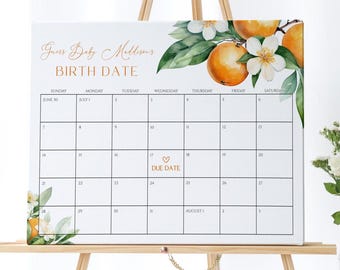 May include: A white calendar with the text "Guess Baby Maddison's BIRTH DATE" in gold. The calendar grid is filled with dates, and a watercolor illustration of oranges and flowers decorates the corners. The due date is marked with a heart.