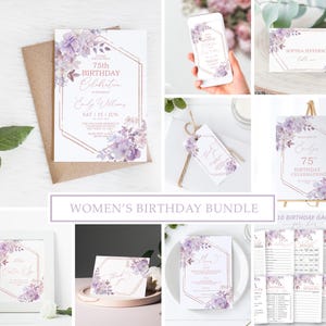 Pacote de convites para o 75º aniversário com flores roxas | Modelo EDITÁVEL | Convite de aniversário floral para impressão feminino | Convite para mulheres de qualquer idade