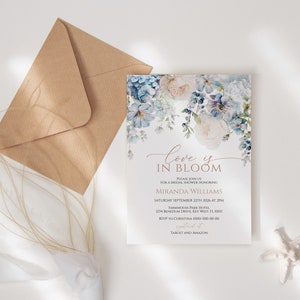 May include: A blue and white floral bridal shower invitation with the text "Love is in Bloom" and the name "Miranda Williams". The invitation includes the date and time of the shower, the address, and a request for gifts from Target and Amazon.