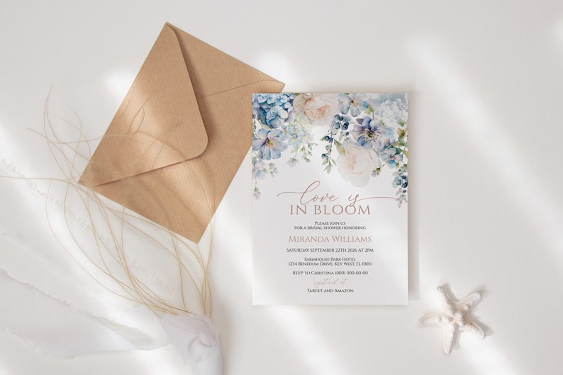 May include: A blue and white floral bridal shower invitation with the text "Love is in Bloom" and the name "Miranda Williams". The invitation includes the date and time of the shower, the address, and a request for gifts from Target and Amazon.
