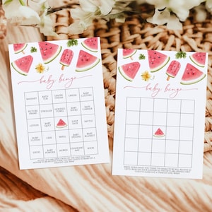Juego de bingo de sandía para bebé / Actividad de baby shower bohemia imprimible y editable / Plantilla de juego de brunch tropical de verano para bebé
