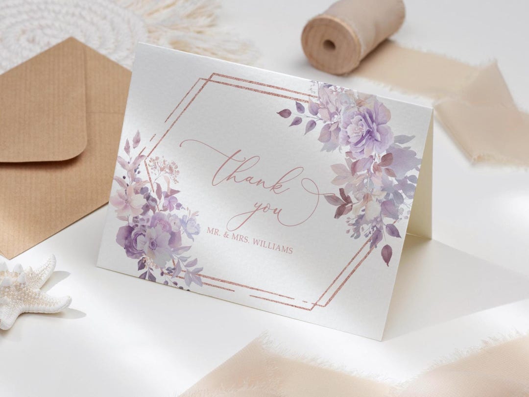 Purple Floral Wedding Thank You Card Template (digital Download) - Etsy
