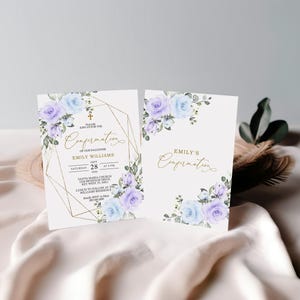 Blaue Blumen-Konfirmations-Einladung | EDITIERBARE Vorlage | Boho Floral Neutral druckbare Taufe einladen | Goldrahmen Karte