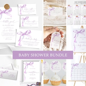 Lavendel Schleifen-Babyparty-Einladung Bündel | EDITIERBARE lila Aquarell Ribbon Vorlage | Druckbare Moderne Baby Shower Einladung & Spiele
