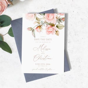 Les fleurs roses douces font gagner l'invitation | Modèle de date de mariage floral rose blush imprimable MODifiable | Fleurs élégantes | TÉLÉCHARGER