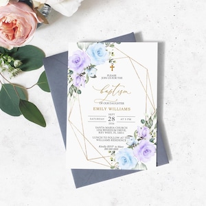 Blaue Blumen Taufe Einladung | EDITIERBARE Vorlage | Boho Floral Neutral druckbare Taufe einladen | Goldrahmen Karte