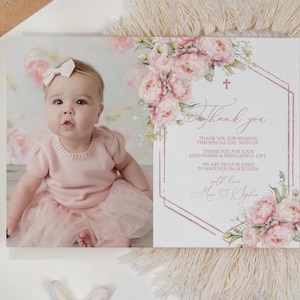 Foto battesimo fiori rosa cipria Grazie / Modello MODIFICABILE / Biglietto battesimo boho stampabile / Grazie prima comunione bambina