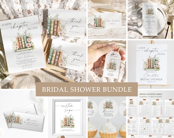 May include: A collection of bridal shower stationery featuring a book theme. The set includes invitations, thank you cards, table cards, tags, a welcome sign, and games. The designs incorporate floral accents and the text "A New Chapter Begins".