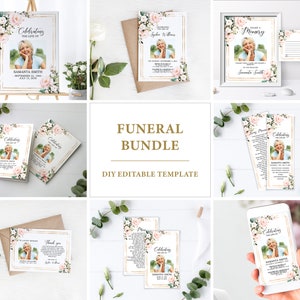 May include: A funeral bundle template with a floral design in pink and green. The template includes a memorial card, a program, a thank you card, and a bookmark. The template is customizable and can be edited to include a photo and text.