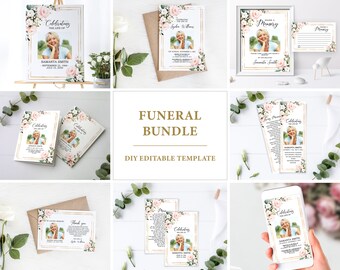 Blush Rose Funeral Template: Editable Celebration of Life Set (Digital)